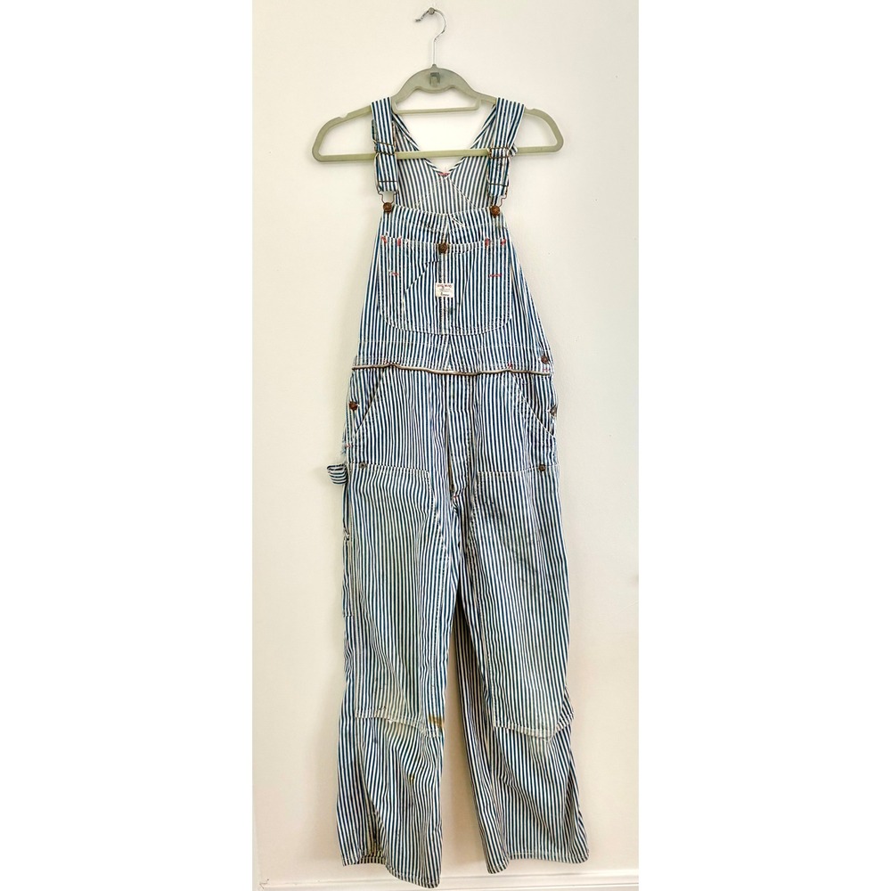 Vintage 1970s Big Mac 36x28 Hickory Stripe Workwear Railroad Overalls Distressed